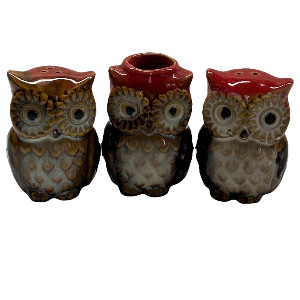 Vintage‎ Owl Salt & Pepper Stackers With Toothpick Holder